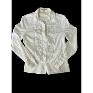 Indigo Palms Embroidered‎ Lace Shirt Womens Small Ivory Button Up Peplum Floral